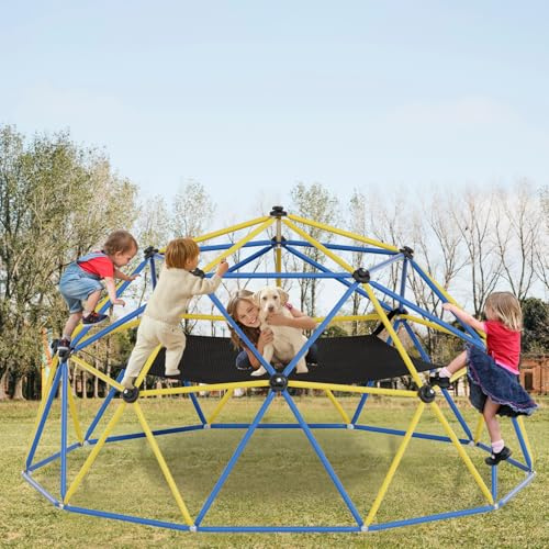Climbing Dome,10FT Dome Climber with Hammock, Outdoor Play Equipment for 3 to 10 Children, Supports Jungle Gym up to 1,000 lbs, Rust Resistant, Easy to Assemble, Gift for Kids, Blue+Yellow