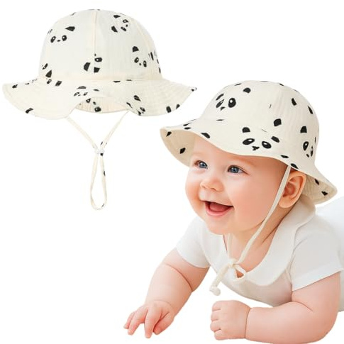 KEWUF Gorro Proteccion Solar Bebe UPF 50, Unisexo Bebé Niña Niño Sombrero de Sol Verano Algodón Ajustable Pescador Gorra Protección de Sol Anti UV para Exteriores/Natación/Playa/Piscina（Panda）