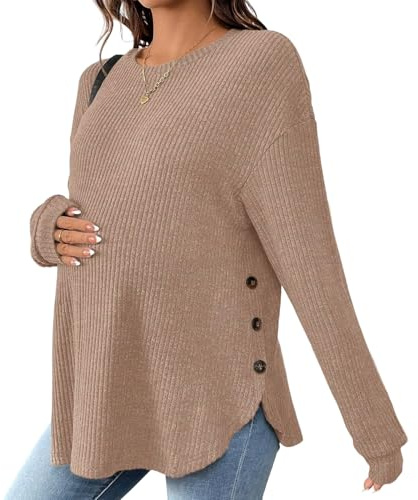 Obotsnoi Elegante camisa de embarazo de tela suave elástica para invierno, térmica, cómoda, uso diario, maternidad, poliéster, elastano, suéter de maternidad, caqui, M