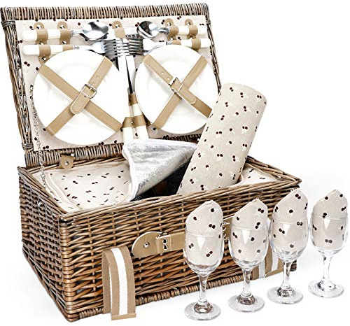 Panier de pique-nique en osier pour 4 personnes avec grand sac isotherme et couverture de pique-nique imperméable, panier de pique-nique en osier pour camping, extérieur, anniversaire