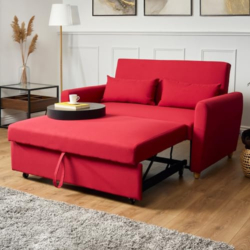Bravich Dahlia Red 2 Seater Sofa Bed Double, Pull Out Sofa Bed for Adults, Compact Fabric Sofabed with Fold Flat Mattress | Living Room Guest Bed For Small Spaces | 140cm