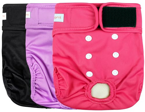 Langsprit Tvättbara hundblöjor för tikar (3-pack), läcker inte, återanvändbara blöjor för hundar under perioden, mycket absorberande, med justerbara spännen, svart, rosa, lila, storlek M
