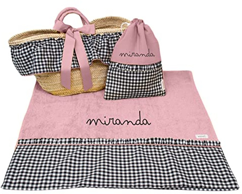 Capazo Mimbre, Toalla de Playa, Bolsa bañadores Personalizado para niña - Conjunto piscina infantil con nombre - 3 piezas (Vichy Negro/Rosa maquillaje)