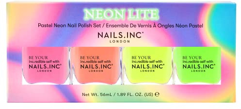 Nails Inc Neon Lite Nail Polish Quad, Neon Glow Enhancing Shades, Fast Drying, Long Lasting, Chip Resistant, Air Dry Manicure,Vegan, Cruelty Free, 4 Piece Set