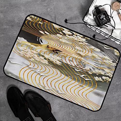 Memory Foam Badezimmer- 40 x 60 cm,Chinesische Aquarell Pflanze Tier Schwalbe Pflaume weiße Blume,Badteppich Saugfähige Rutschfester Badvorleger Waschbar Badematte