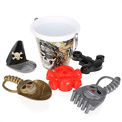 com-four® Set di Giocattoli da Spiaggia da 6 Pezzi con Design Pirata - Secchio con Manico, Pala, rastrello, stampi e Barca - Giocattoli di Sabbia per la Spiaggia, sabbiera e Parco Giochi (Marrone)