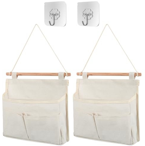 KYYLZ 2 STK Hängeorganizer Hängetasche Wand Aufbewahrungstasche,Organizer Taschen Hängend Hängeaufbewahrung Faltbares Leinen Stoff Wandorganizer mit Haken für Home,Office,Bad,Diele (Beige)