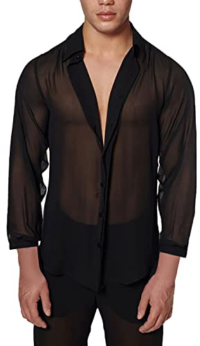 Sheer Mesh Shirts for Men Long Sleeve Sexy V Neck Button Down Shirts Loose Vintage See Through Disco Party Club Tops, A# Black, XXXXL