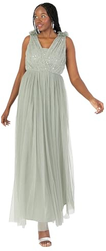 Anaya med kärlek kvinnor maxiklänning kvinnor ärmlös V-hals paljett embellished tyll ruffle axel A-linje bridesmaid bal boll gown, frostgrön 42, Frostig grön, 42