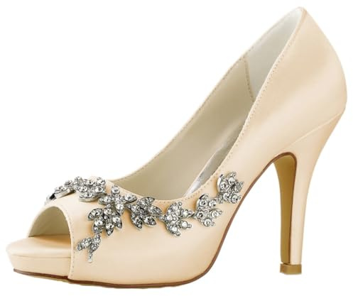 MINITOO Sandales Confortables pour Femme - Plateforme - Talon Haut - Chaussures de Mariage avec Strass MY098, My098 Champagne Talon 10 cm, 36 EU