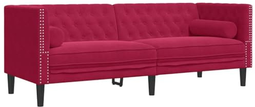 vidaXL Sofá Chesterfield con refuerzos de 3 plazas, color rojo vino, de terciopelo, sofá de 3 plazas, sofá de 3 plazas, sofá acolchado