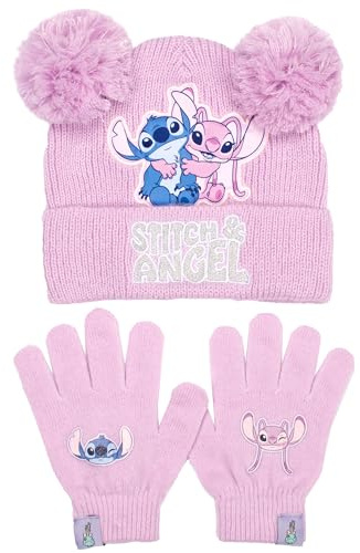 Disney Lilo & Stitch - Set invernale con cappello e guanti per ragazze, caldo e accogliente, berretto e guanti, perfetto per bambini dai 6 ai 12 anni, rosa, Taglia unica