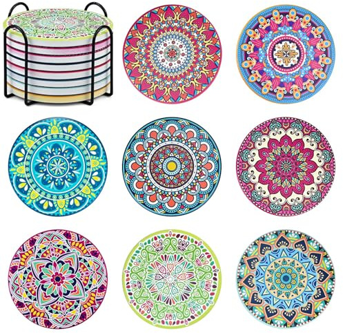 Set di 8 sottobicchieri rotondi in ceramica con supporto, sottobicchiere assorbente, con base in sughero antiscivolo e cuscinetto in pietra in ceramica, per tazze, bicchieri da vino, casa, cucina e