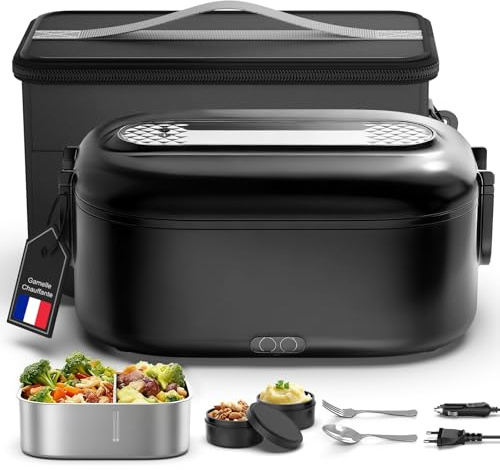 Gamelle Chauffante, Lunch Box Chauffante Electrique, 1,5 L 80 W Gamelle Isotherme pour Repas Chaud, 12V/24V/220V Acier Inoxydable Boite Repas pour Voiture Camion Bureau, Tupperware Chauffant, Noir