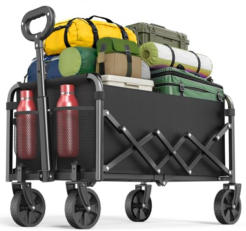 Carro Camping Plegable 120L con Portavasos Mango Ajustable, 160KG Carrito Transporte Todoterreno con Ruedas Grandes y Tela Impermeable 600D para Jardín, Camping y Compras Pesca Carga