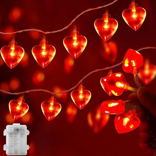 16.4ft/5M Valentine’s Day Heart String Lights with 50 LEDs, Battery Operated 3D Red Heart Shaped Fairy Lights, Valentines Garland for Indoor Outdoor String Lights for Home,Valentine Decor (Love B)