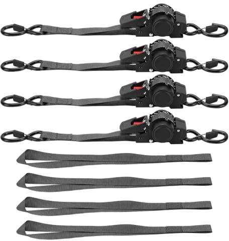 4-deligt sett med automatiska ratschningsremmar, rostfria rullar (304), 3,5 m x 25 mm, 680 kg brottlast, inklusive förvaringspåse, lämplig för lastbilar, släpvagnar, motorcyklar och cyklar