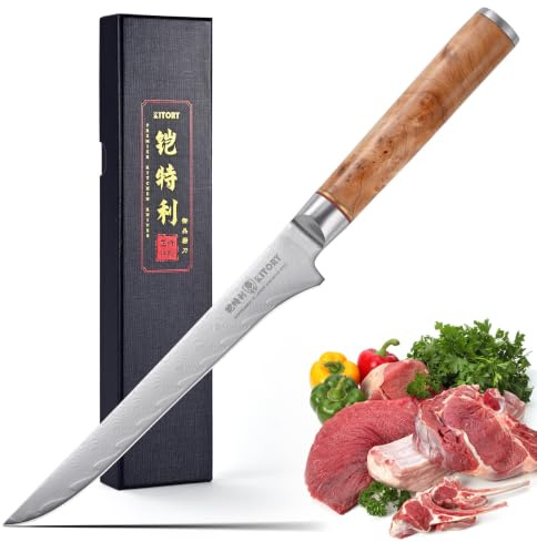 Kitory proffslökniv i damaskstål 73 lager, benkniv med 15 cm blad av 10Cr15CoMoV-stål, trähandtag vit skugga, Pro Damast-serien