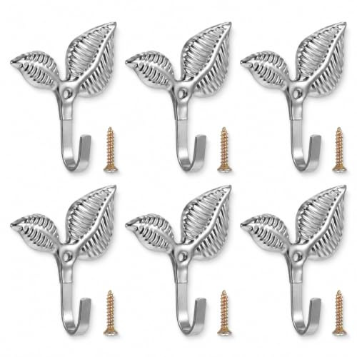 Iron Leaf Wall Hooks 6pcs, Silver Rustic Heavy Duty Wall Hangers Home Decor