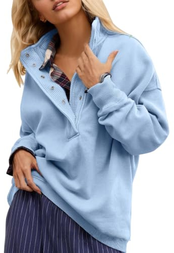 Dam överdimensionerad Henley sweatshirt knäppkrage fleece pullover | Mjuk bomullsblandning, tryckknapp Henley-hals, quiltad knappslå detalj, hängande axel, ribbad finish, vardagsskikt