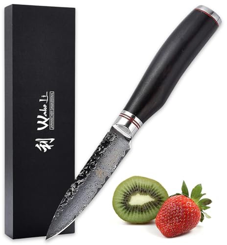 Wakoli EBO Officemesser 9,0 cm Klinge aus 67 Lagen Damaststahl mit VG10‑Kern, Hammerschlag‑Finish, Griff aus schwarzem Eichenholz, ausgewogene Balance – Damast Küchenmesser in Geschenkbox
