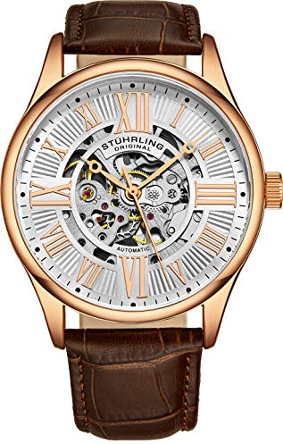 Stuhrling Original Atrium mäns skelett-automatisk klocka med mekanisk mekanism och högkvalitativt läderarmband