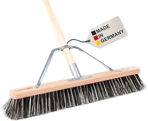 BawiTec Spezial-Straßenbesen 80cm Breit,mit stabilem Metall-Stielstabilisator und Stiel Länge 160cm,Harte Borsten-Mischung (OssiBlitz,Kunststoff-Arenga-Mix),Besen,Feger,Spezialbesen,Holzstiel