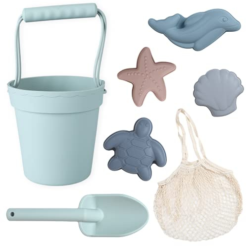 BLUE GINKGO Silicone Beach Toys - Modern Baby | Travel Friendly Set Bucket, Shovel, 4 Sand Molds, Bag for Toddlers, Kids Green