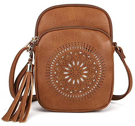 GLITZALL Small Crossbody Phone Bag for Women Ladies Faux Leather Mobile Phone Purse with Tassel Hollow Out Shoulder Bag Lightweight Messenger Bag with Adjustable Strap