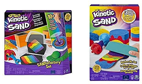 Kinetic Sand Sandisfactory Set für Indoor Sandspiel & Regenbogen Mix Set mit 383 g 3 Farben und Förmchen
