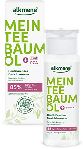 alkmene Mein Teebaumöl Gesichtswasser 150 ml Pickel Reduktion 85% bestätigt - naturreines Teebaumöl, vegan & klimaneutral - Gesichtsreinigung für unreine Haut - Facial Toner Gesicht - Face Tonic