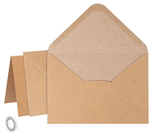 Mocraft Kraftpapier Umschläge, 60 Stück 150 g/m² Briefumschläge mit karten, Briefhülle Nassklebung mit Klappkarten für Geburtstagskarten Einladung Grußkarten Dankeskarten(10,7 * 15,2cm)