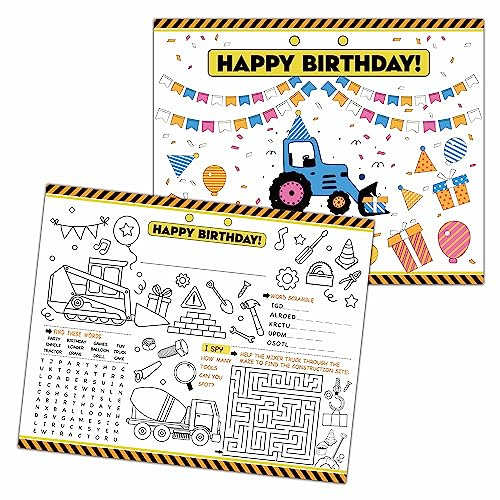 KFNER Birthday Coloring Paper Placemats, Construction Birthday Party Coloring Sheets, Happy Birthday Activities for Kids, Paper Mats for Table Decorations, Home School Classroom Party Supplies -05