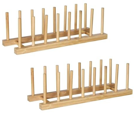 CLKE Lot de 2 supports d'assiettes avec 7 emplacements, porte-assiettes en 100 % bois de pin, support de couvercle de casserole, égouttoir à vaisselle, pour planche à découper, couvercle de casserole