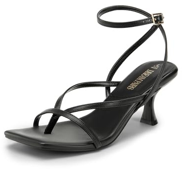 DREAM PAIRS Women's kitten Low Strappy Lace Up Heels Open Square Toe Thong Ankle Strap Heels Sexy Fashion Comfort Dress Shoes Party Sylvestra Pumps Heeled Sandals,Size 9,Black-Pu,SDHS2405W