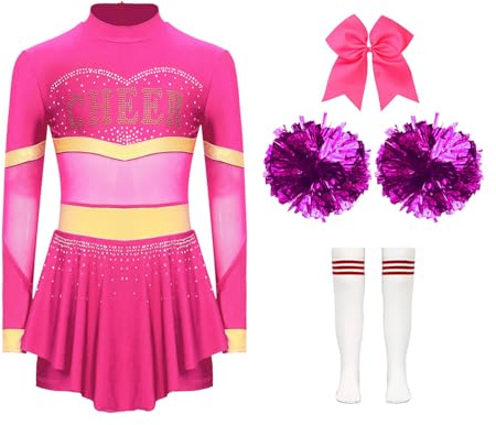 Miutii 4er Set Mädchen Cheer Leader Kostüm Cheerleading Uniform Langarm Kleid mit Pompoms Socken Haarband Halloween Karneval Faschingskostüm A Dunkel Rosa&Weiß 170-176