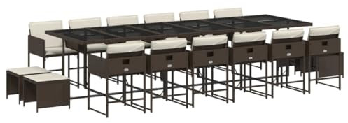 vidaXL Garten Essgruppe 17-TLG., Gartenmöbel Set Tisch mit 12 Stühle 4 Hocker, Gartengarnitur mit Kissen, Sitzgruppe Essgarnitur Terrasse, Braun Poly Rattan