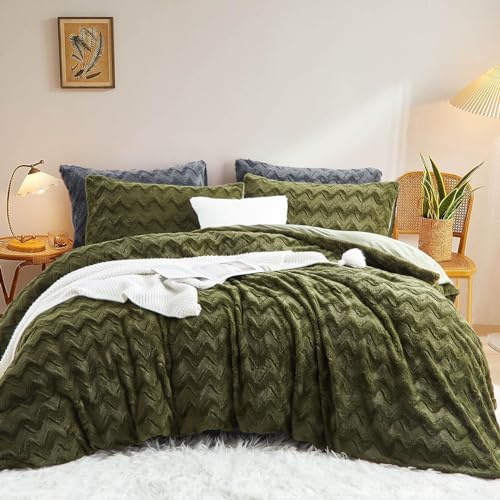 Sacebeleu Ropa de cama de felpa de 135 x 200 cm, color verde, pelo sintético mullido, ropa de cama de invierno, cálida y acogedora, franela de forro polar, funda nórdica con cremallera y 1 funda de