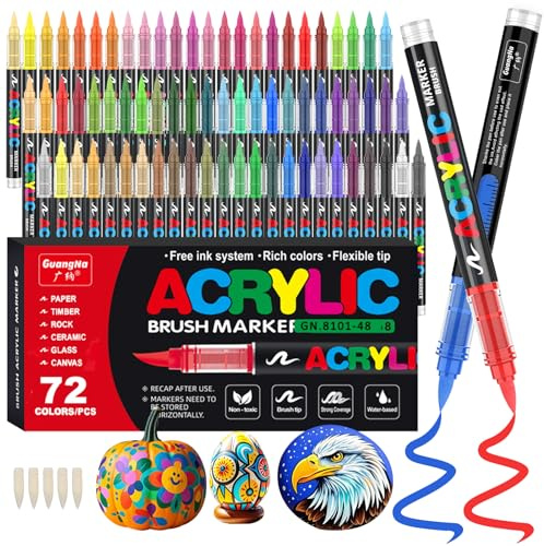 Funnasting 72 Colours Acrylic Paint Pens, Soft Brush Tip Acrylic Marker Pens, Paint Markers for Colouring, Glass, Fabric, Egg, Rock Painting and DIY Crafts Art Supplies
