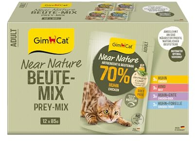 GimCat Near Nature Probier-Mix Lot de 12 sachets de Nourriture Humide sans céréales pour Chats à partir de 7 Mois avec Recette adaptée à l'espèce et aux proies – 12 sachets (12 x 85 g)