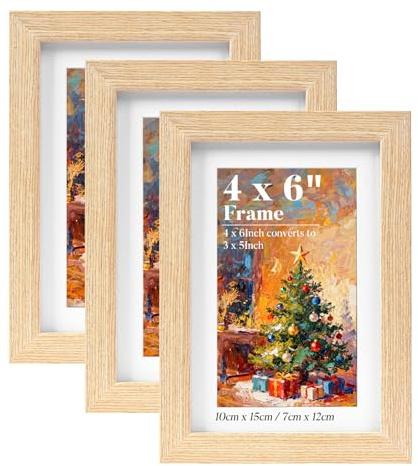 HOUSE DAY 6x4 Photo Frames,100% Solid Wood Picture Frames Wooden A6 Frame | with 3x5 Mount,Postcard Frame Tabletop and Wall Mounting for Family,Landscape,Pet Memorial,Wedding,Pack of 3