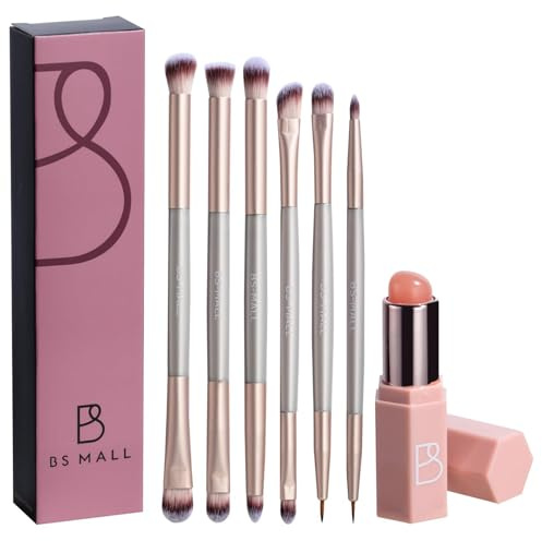 BS-MALL 6 Pcs Double-ended makeup brush set with Silicone Lip brush - eyeshadow Brush, concealer Brush, blush brush for Even application, Multi-purpose Portable makeup brushes for Daily Use (Golden)