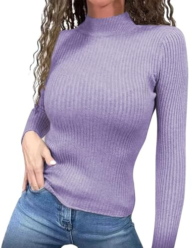Generisch Jersey de punto fino para mujer, cuello redondo, jersey de punto para mujer, corte ajustado, jersey de punto de manga larga, monocolor, jersey de invierno, suéter de punto cálido, para otoño