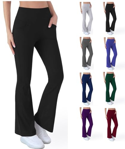 Legging Anti Cellulite Femme Évasé pour Push Up Taille Haute Sport d'hiver Yoga Bootcut Pantalon avec Poches Pantalon Gainant avec Contrôle du Ventre Legging Noir Femme Coton