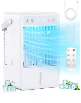 Aire Acondicionado Portatil Silencioso 5 en 1, Enfriador de Aire Depósito 1500ML, Mini Aire Acondicionado con Mando a Distancia, Temporizador 10H, Luz LED, para Dormitorio, Oficina y Espacios Pequeños