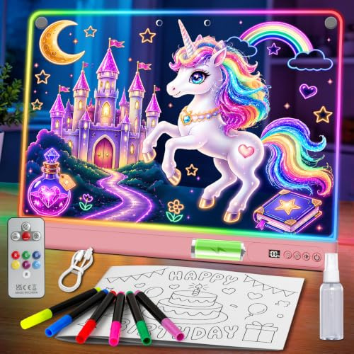 WEVOL Tablette Lumineuse Dessin Enfant 30x40cm, Tableau Lumineux Message LED Rechargeable, Ardoise Lumineuse Acrylique Effaçable 15 Modes Lumineux avec Télécommande et Minuterie, Cadeau Créatif Enfant