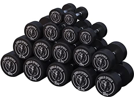 Gorilla Sports® Haltères rondes en caoutchouc à barre courte - En lot/individuels - Poignées ergonomiques en chrome - 16 variantes de poids (2-50 kg), A : 30 kg (2 x 2,5 kg).