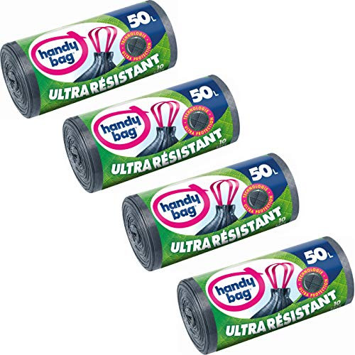 Handy Bag 4 Rouleaux de 10 Sacs Poubelle 50 L, Poignées Coulissantes, Ultra Résistant, Anti-Fuites, 68 x 73 cm, Gris Foncé, Opaque