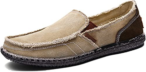 CASMAG Men's Slip-On Loafers Flat Canvas Boat Shoes for Driving Walking Outdoor Khaki 5 US