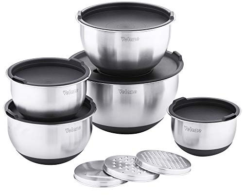 Velaze Set di ciotole in acciaio inox, 5 pezzi, insalatiera con coperchio, 3 inserti per grattugia, fondo in silicone antiscivolo, 5 l, 3 l, 2 l, 1,5 l, 1 l, diverse misure per diverse esigenze
